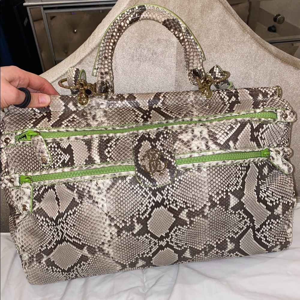 Roberto Cavalli Snake Print Tote with Green Accents
